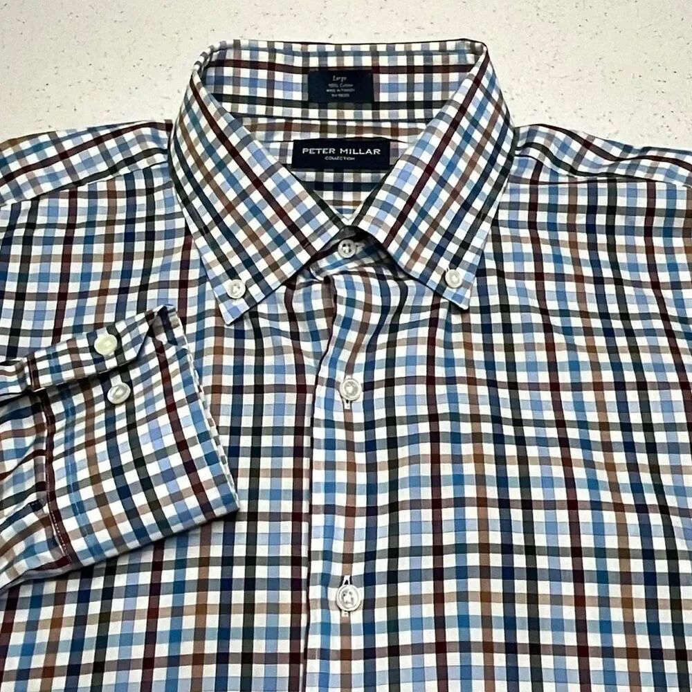 Peter Millar Collection Button Front Shirt Mens Large Blue Plaid 100% Cotton Lon